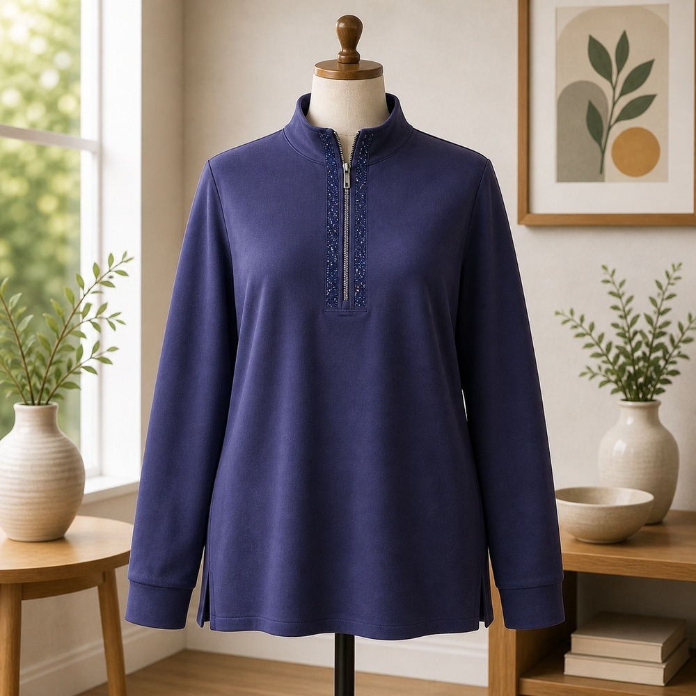 Belle by Kim Gravel Navy Blue Rhinestone Quarter Zip Pullover Mock Neck MP